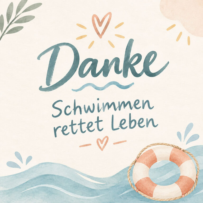 Dankeskarte mit Rettungsring und Wellen, Aufschrift „Danke — Schwimmen rettet Leben“