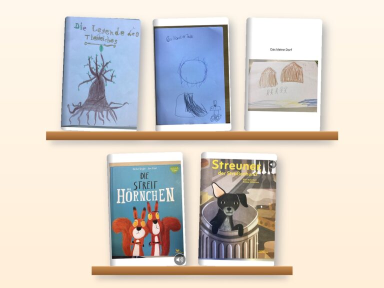 Fünf Bücher der Kinder auf zwei Regalbrettern